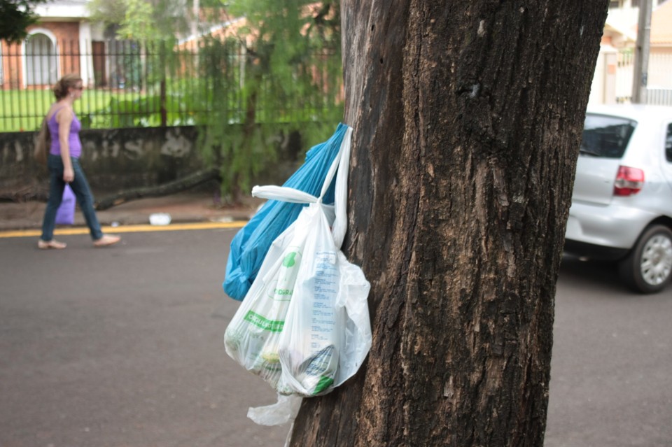 Sacolinhas de lixo penduradas em árvore